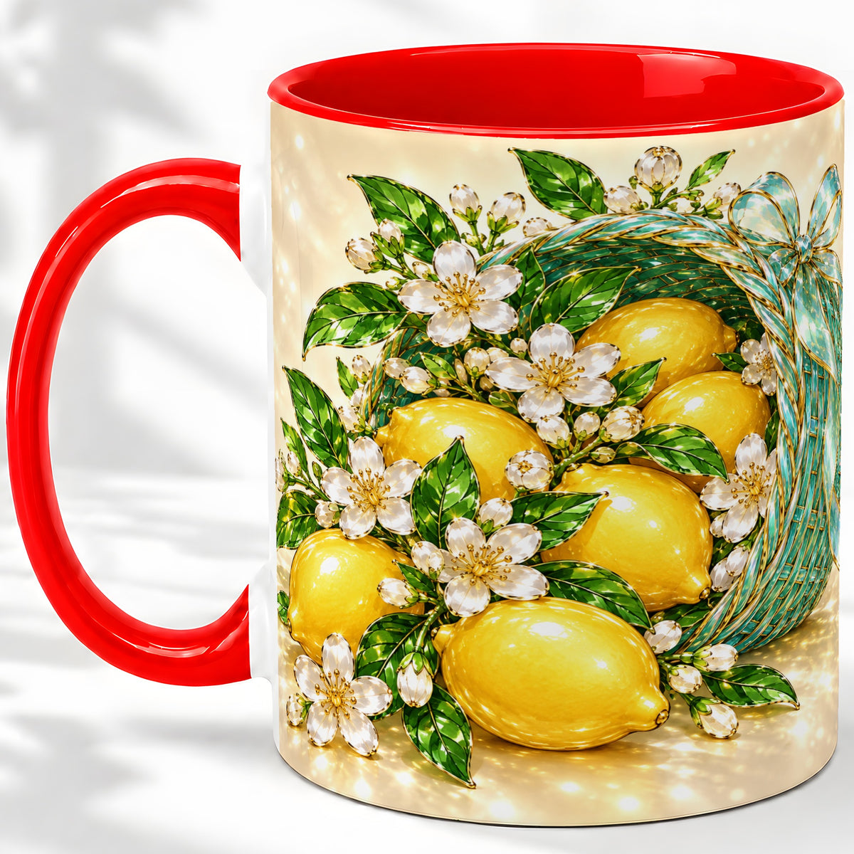 Lemon Blossom Ceramic Mug, Mug with Citrus Basket Floral Artwork