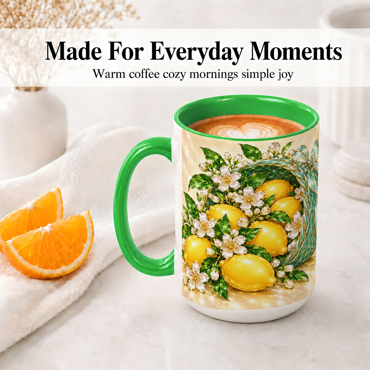 #pl[15oz|Green] Lemon Blossom Ceramic Mug, Mug with Citrus Basket Floral Artwork