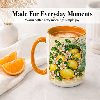 #pl[15oz|Orange] Lemon Blossom Ceramic Mug, Mug with Citrus Basket Floral Artwork