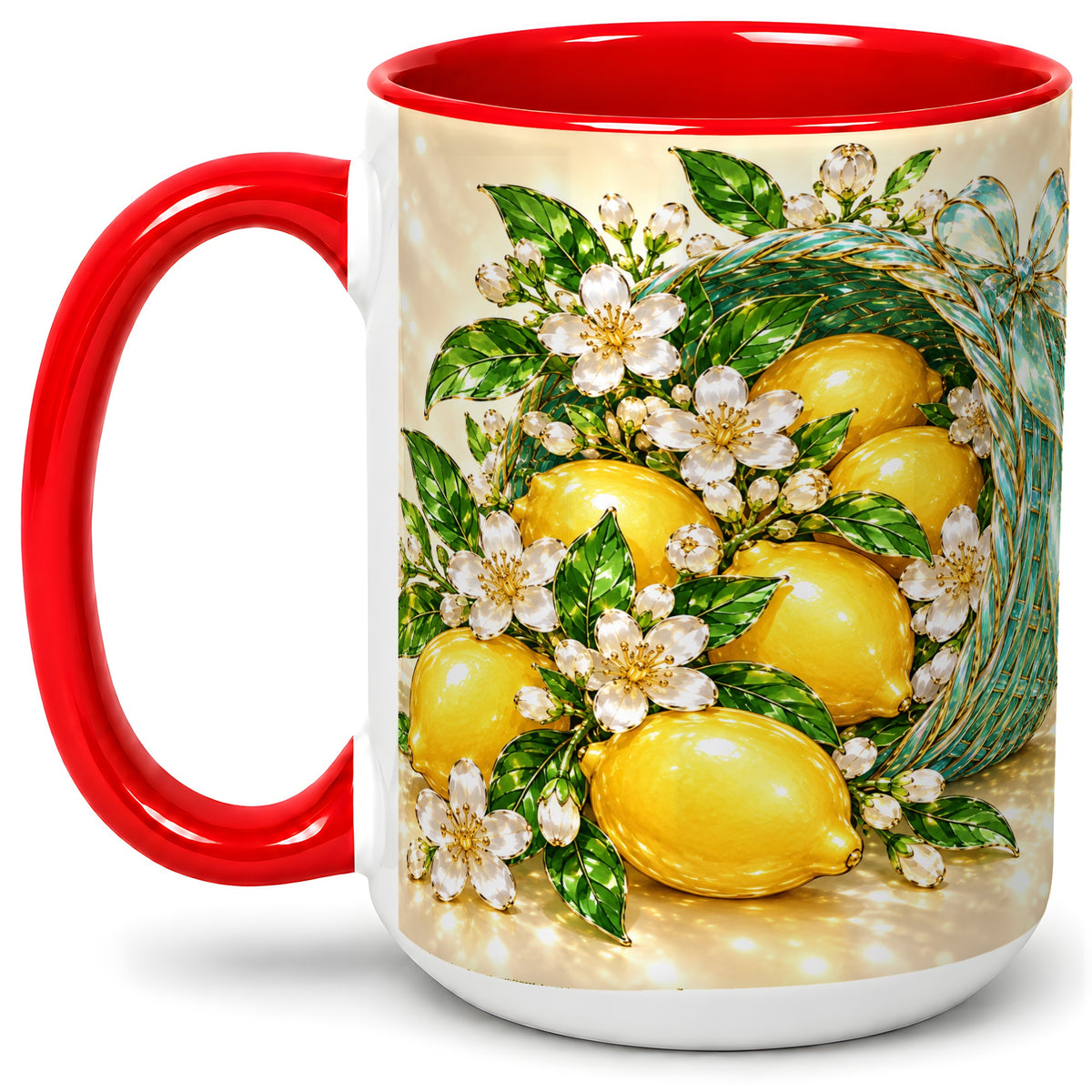 #pl[15oz|Red] Lemon Blossom Ceramic Mug, Mug with Citrus Basket Floral Artwork