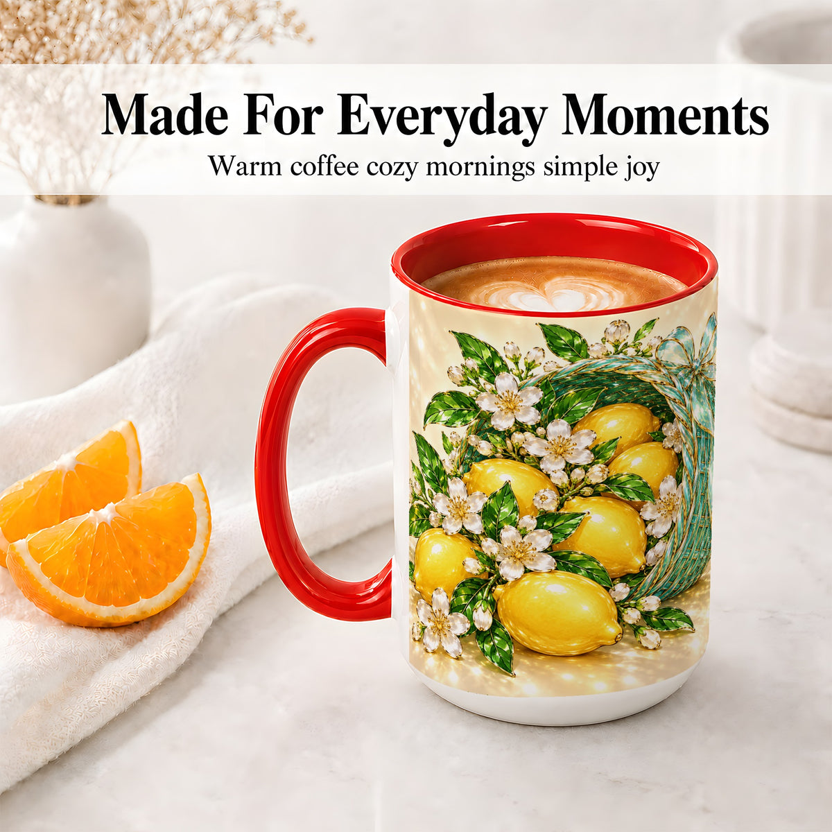 #pl[15oz|Red] Lemon Blossom Ceramic Mug, Mug with Citrus Basket Floral Artwork