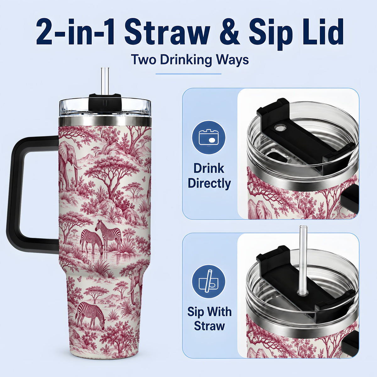 #pl[40oz|Black] Savanna Wildlife Toile 40oz Tumbler, Burgundy Safari Animal Artwork