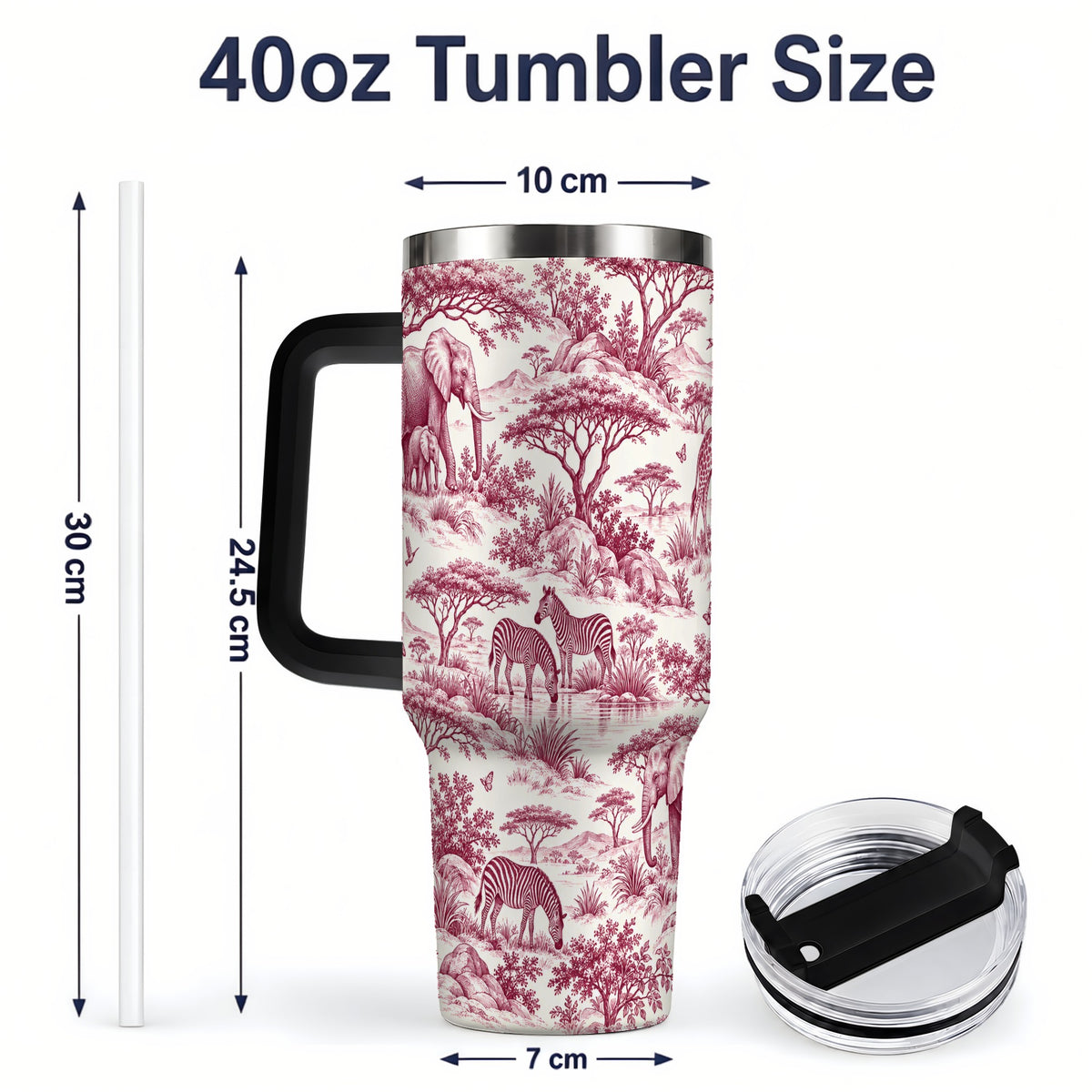 #pl[40oz|Black] Savanna Wildlife Toile 40oz Tumbler, Burgundy Safari Animal Artwork