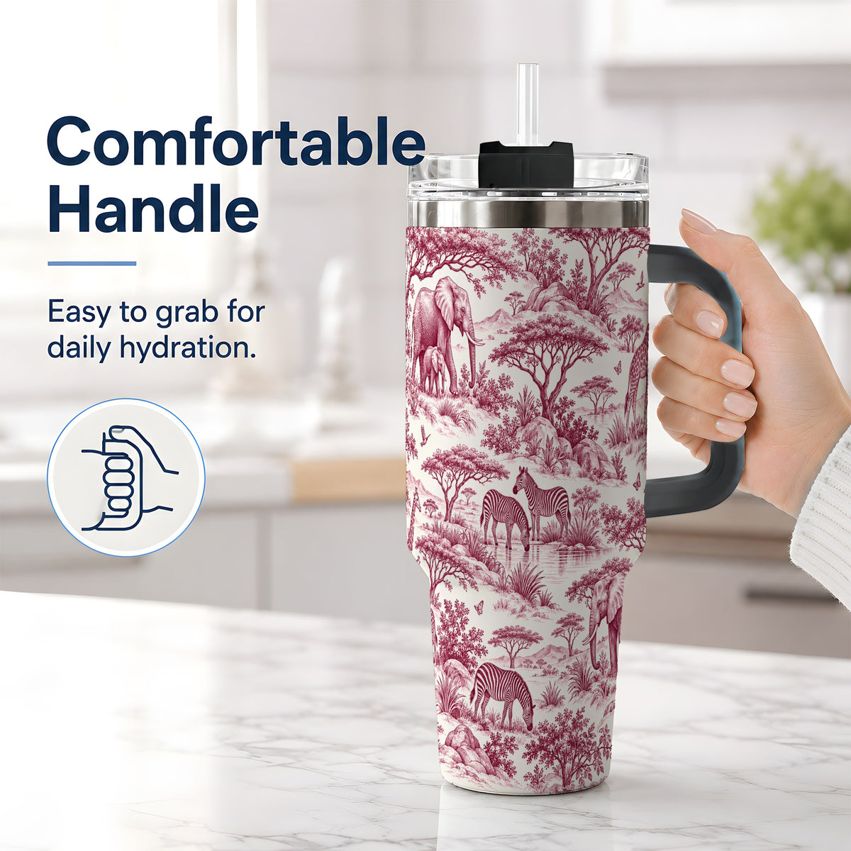 #pl[40oz|Black] Savanna Wildlife Toile 40oz Tumbler, Burgundy Safari Animal Artwork