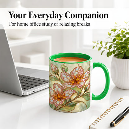 #pl[11oz|Green] Jewel Style Floral Ceramic Mug, Mug with Pink Blossom Branch Artwork
