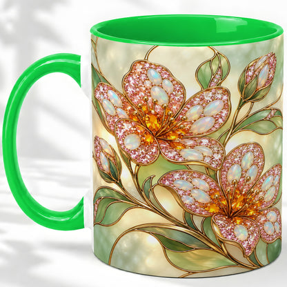 #pl[11oz|Green] Jewel Style Floral Ceramic Mug, Mug with Pink Blossom Branch Artwork