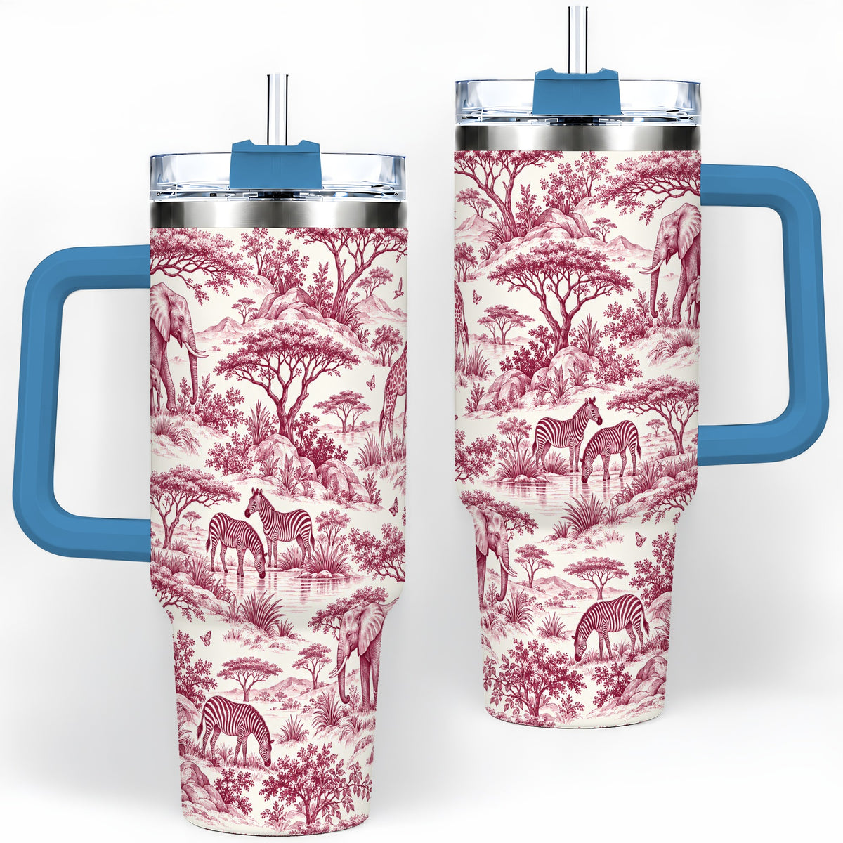 #pl[40oz|Blue] Savanna Wildlife Toile 40oz Tumbler, Burgundy Safari Animal Artwork