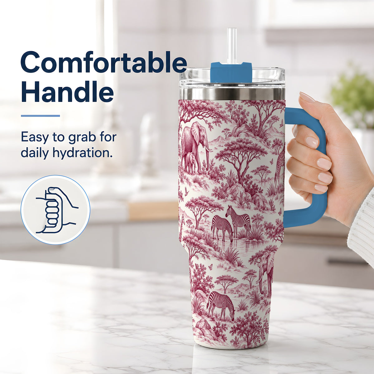 #pl[40oz|Blue] Savanna Wildlife Toile 40oz Tumbler, Burgundy Safari Animal Artwork