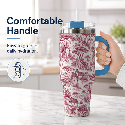 #pl[40oz|Blue] Savanna Wildlife Toile 40oz Tumbler, Burgundy Safari Animal Artwork