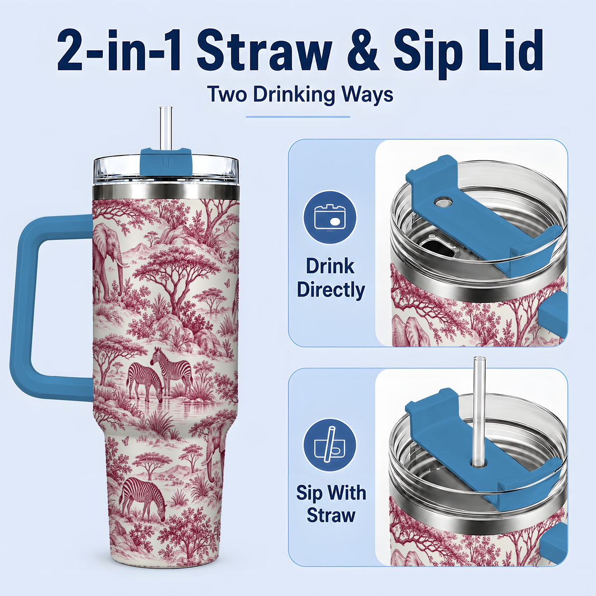 #pl[40oz|Blue] Savanna Wildlife Toile 40oz Tumbler, Burgundy Safari Animal Artwork