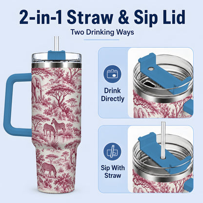 #pl[40oz|Blue] Savanna Wildlife Toile 40oz Tumbler, Burgundy Safari Animal Artwork