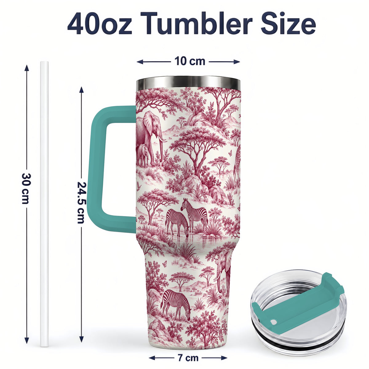 #pl[40oz|Green] Savanna Wildlife Toile 40oz Tumbler, Burgundy Safari Animal Artwork