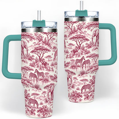 #pl[40oz|Green] Savanna Wildlife Toile 40oz Tumbler, Burgundy Safari Animal Artwork