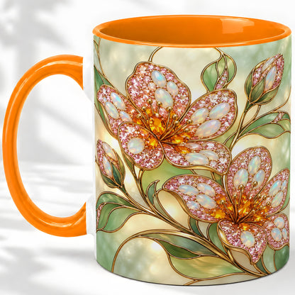 #pl[11oz|Orange] Jewel Style Floral Ceramic Mug, Mug with Pink Blossom Branch Artwork