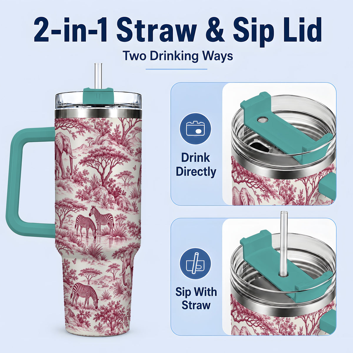 #pl[40oz|Green] Savanna Wildlife Toile 40oz Tumbler, Burgundy Safari Animal Artwork