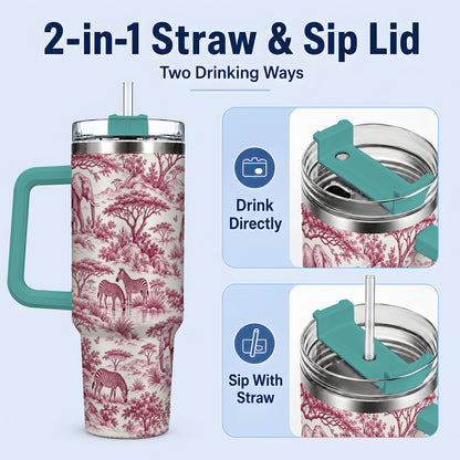 #pl[40oz|Green] Savanna Wildlife Toile 40oz Tumbler, Burgundy Safari Animal Artwork