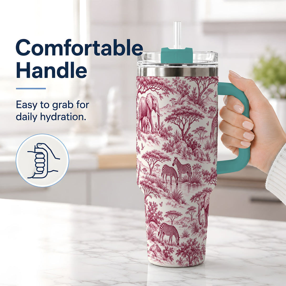 #pl[40oz|Green] Savanna Wildlife Toile 40oz Tumbler, Burgundy Safari Animal Artwork