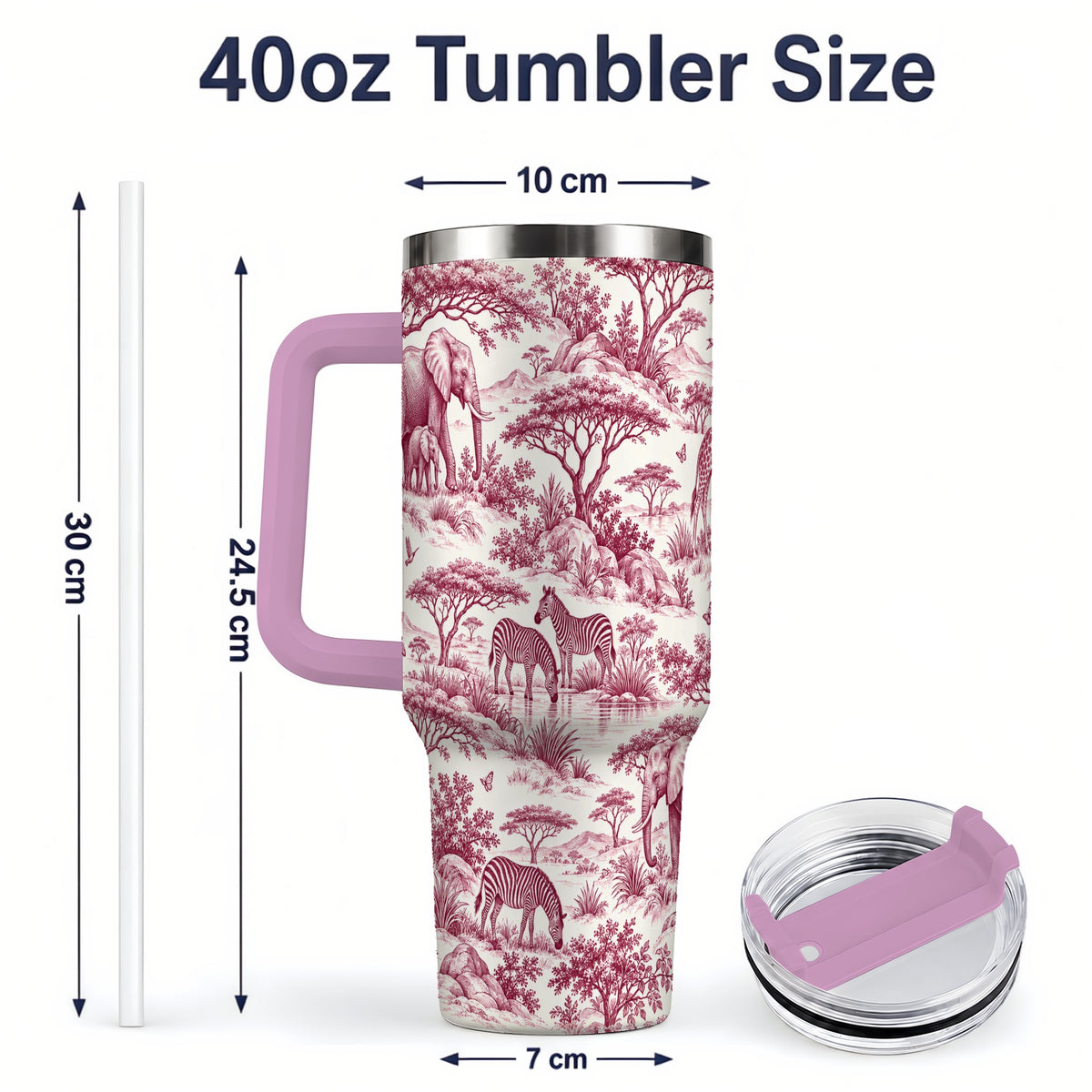 #pl[40oz|Pink] Savanna Wildlife Toile 40oz Tumbler, Burgundy Safari Animal Artwork