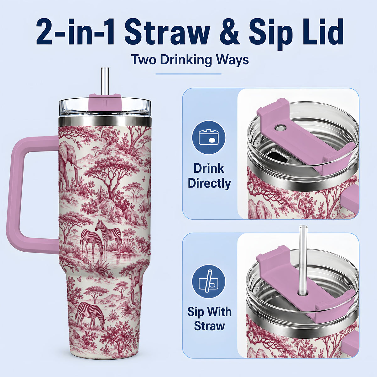 #pl[40oz|Pink] Savanna Wildlife Toile 40oz Tumbler, Burgundy Safari Animal Artwork