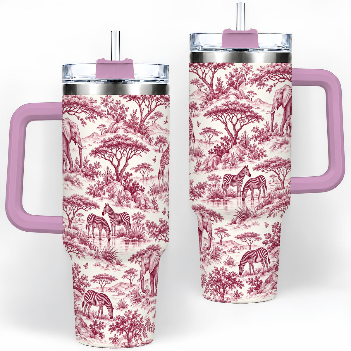 #pl[40oz|Pink] Savanna Wildlife Toile 40oz Tumbler, Burgundy Safari Animal Artwork