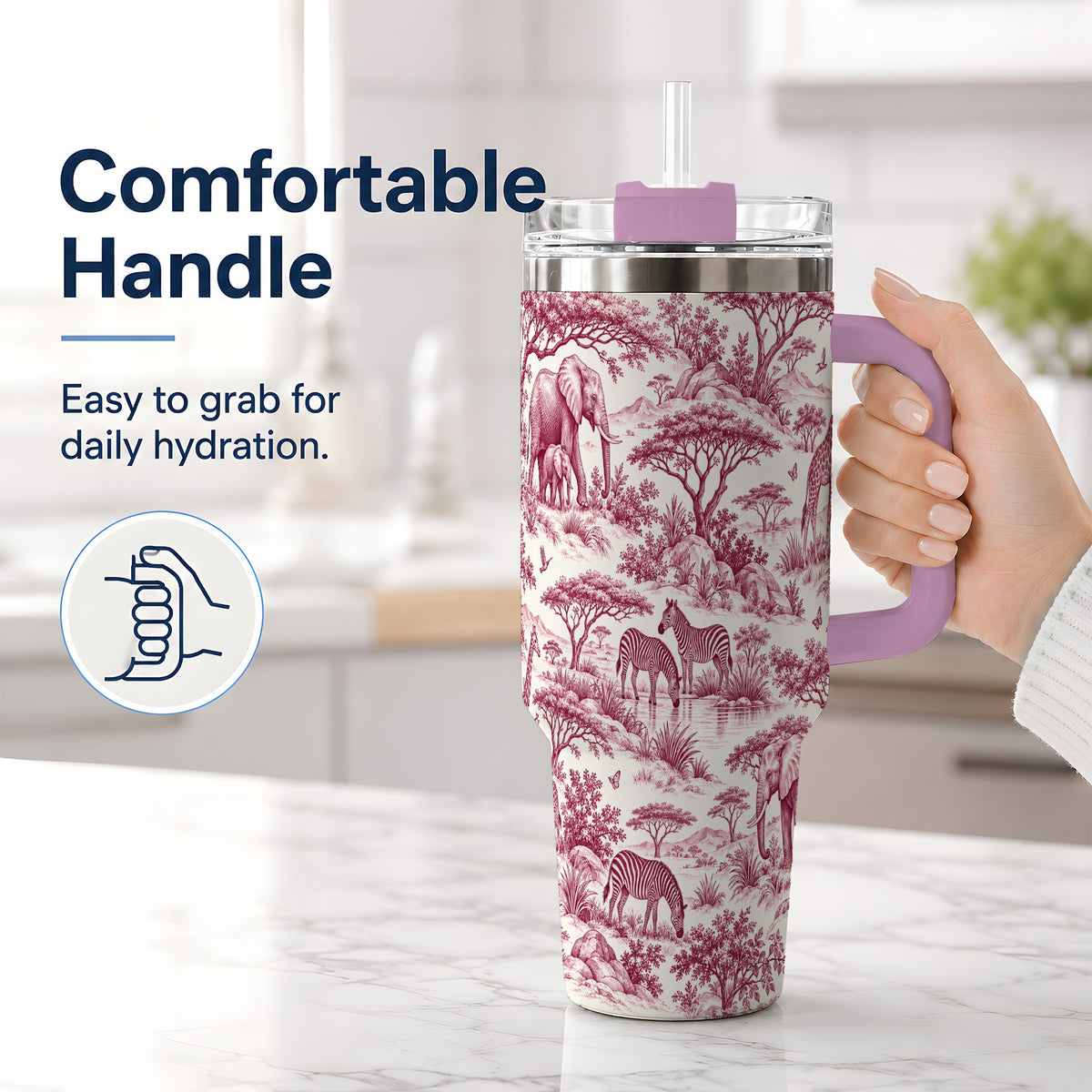 #pl[40oz|Pink] Savanna Wildlife Toile 40oz Tumbler, Burgundy Safari Animal Artwork