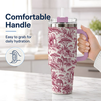 #pl[40oz|Pink] Savanna Wildlife Toile 40oz Tumbler, Burgundy Safari Animal Artwork