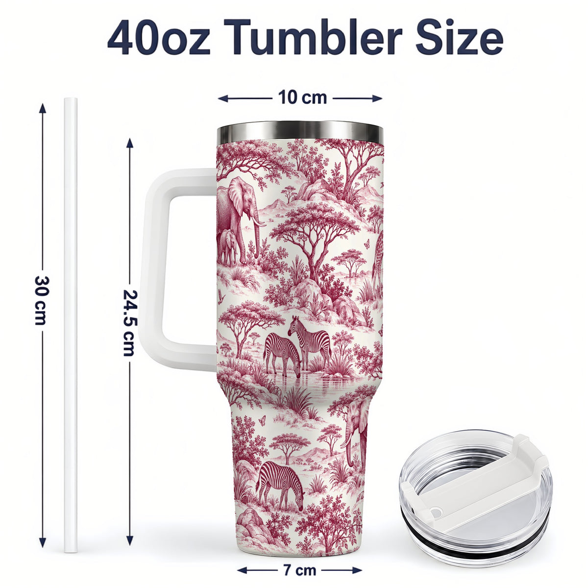 #pl[40oz|White] Savanna Wildlife Toile 40oz Tumbler, Burgundy Safari Animal Artwork