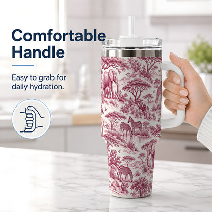 #pl[40oz|White] Savanna Wildlife Toile 40oz Tumbler, Burgundy Safari Animal Artwork