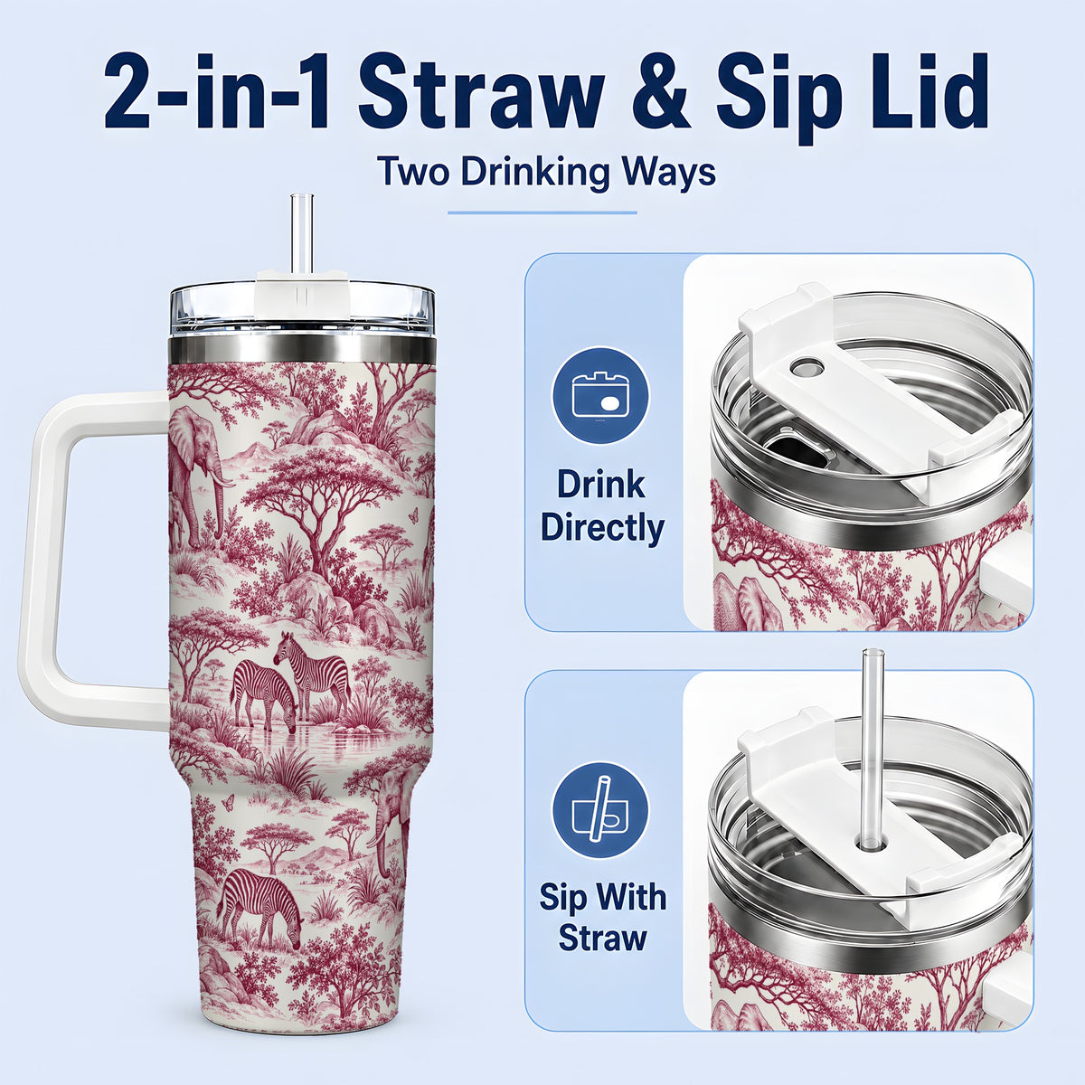 #pl[40oz|White] Savanna Wildlife Toile 40oz Tumbler, Burgundy Safari Animal Artwork