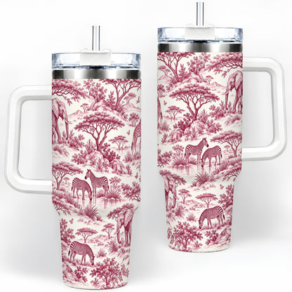 Savanna Wildlife Toile 40oz Tumbler, Burgundy Safari Animal Artwork