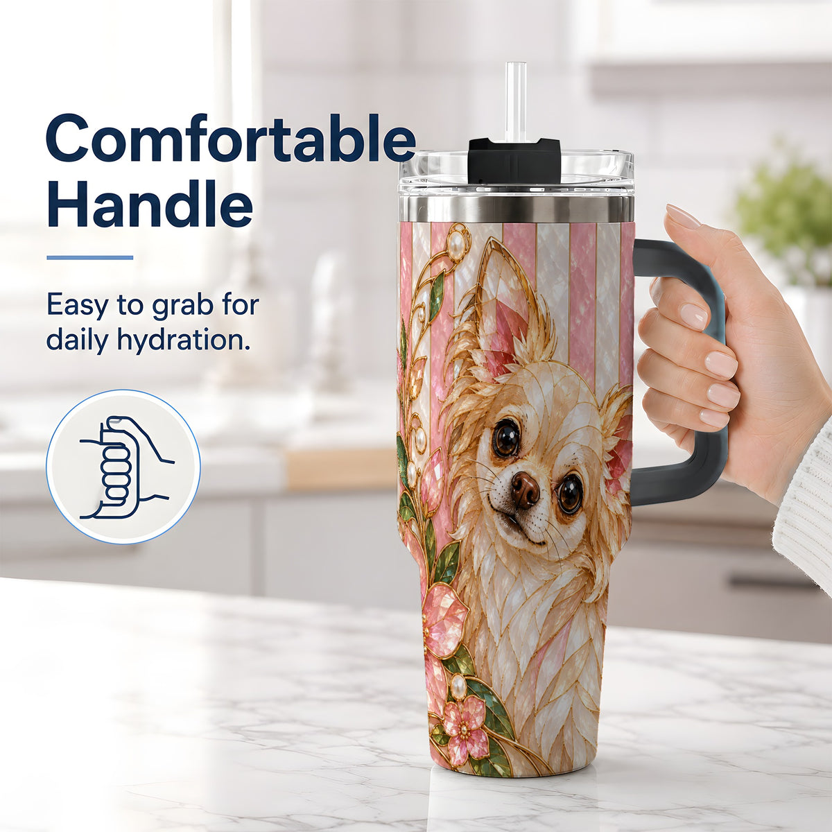 #pl[40oz|Black] Chihuahua Floral 40oz Tumbler, Stained Glass Style Dog Artwork