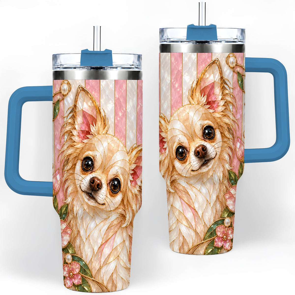 #pl[40oz|Blue] Chihuahua Floral 40oz Tumbler, Stained Glass Style Dog Artwork