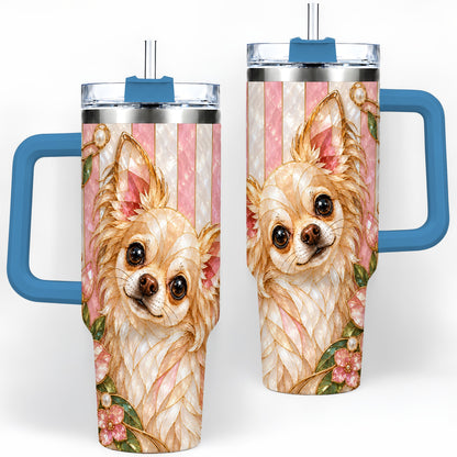 #pl[40oz|Blue] Chihuahua Floral 40oz Tumbler, Stained Glass Style Dog Artwork