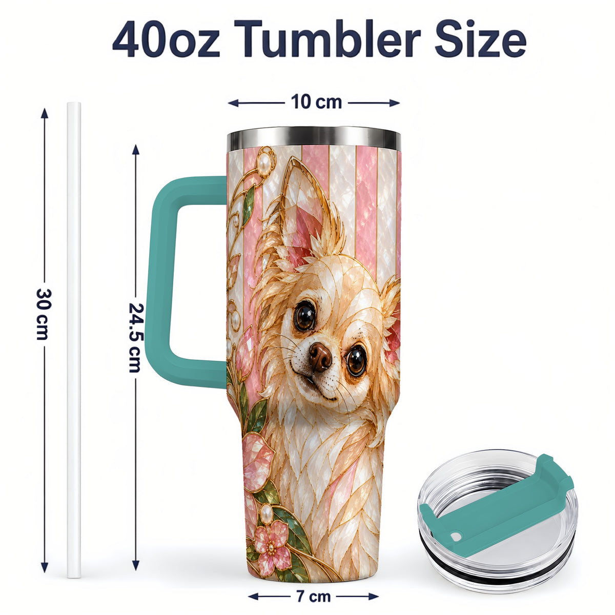 #pl[40oz|Green] Chihuahua Floral 40oz Tumbler, Stained Glass Style Dog Artwork