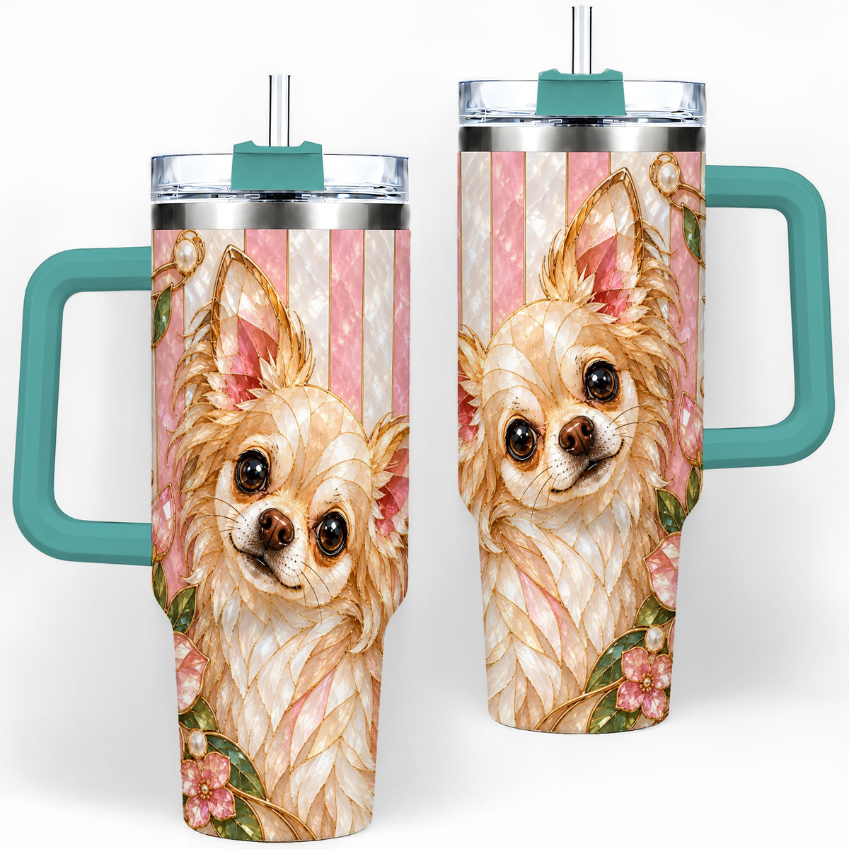 #pl[40oz|Green] Chihuahua Floral 40oz Tumbler, Stained Glass Style Dog Artwork
