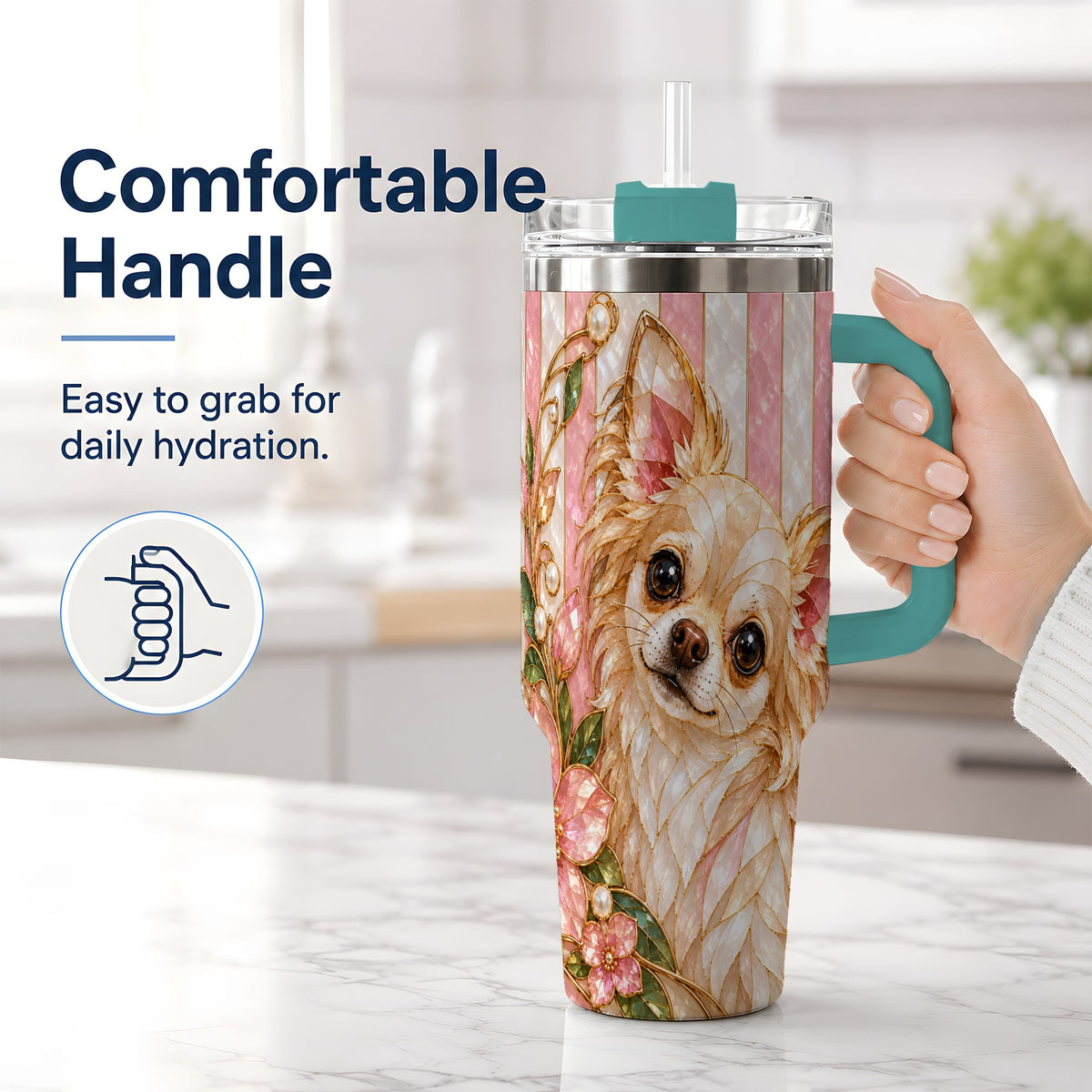 #pl[40oz|Green] Chihuahua Floral 40oz Tumbler, Stained Glass Style Dog Artwork