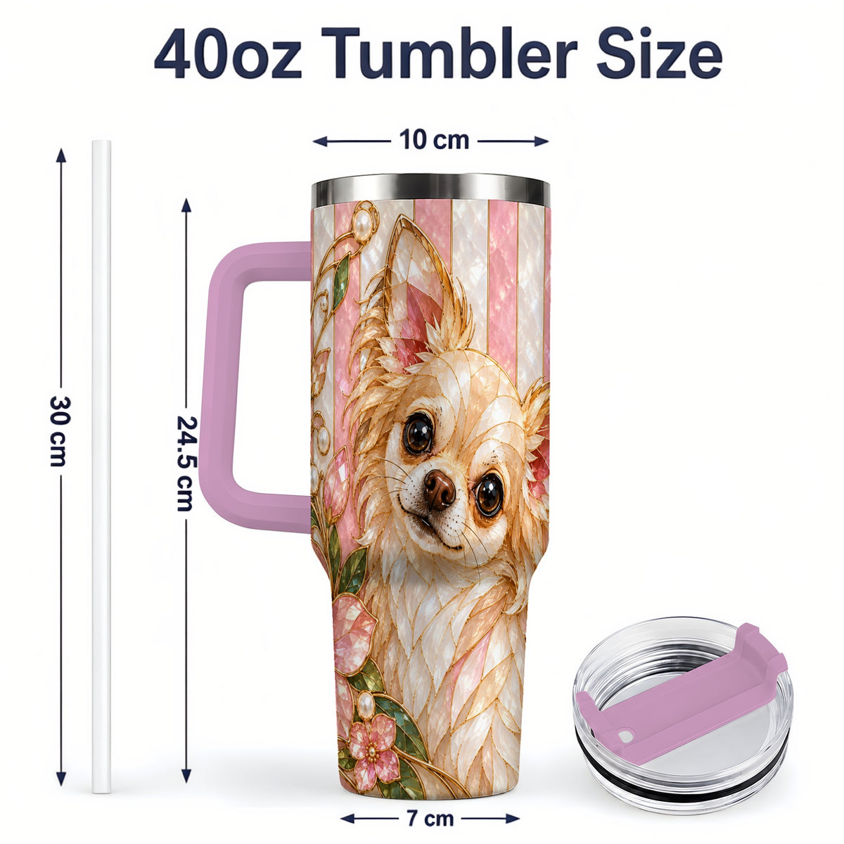 #pl[40oz|Pink] Chihuahua Floral 40oz Tumbler, Stained Glass Style Dog Artwork