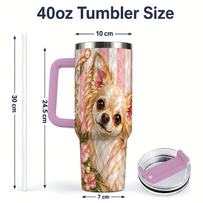 #pl[40oz|Pink] Chihuahua Floral 40oz Tumbler, Stained Glass Style Dog Artwork