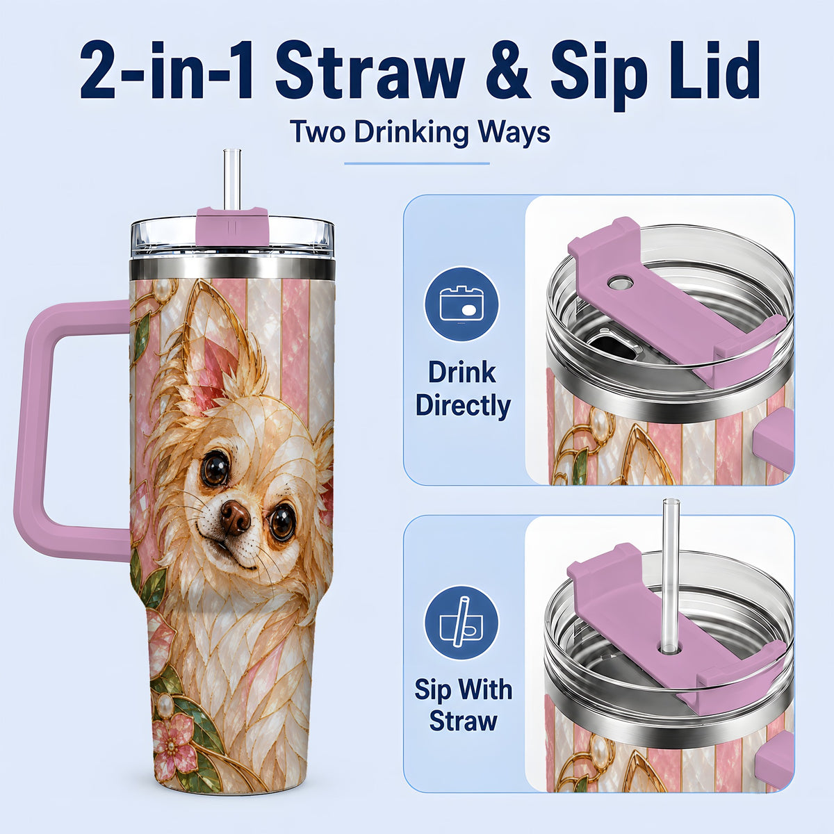 #pl[40oz|Pink] Chihuahua Floral 40oz Tumbler, Stained Glass Style Dog Artwork