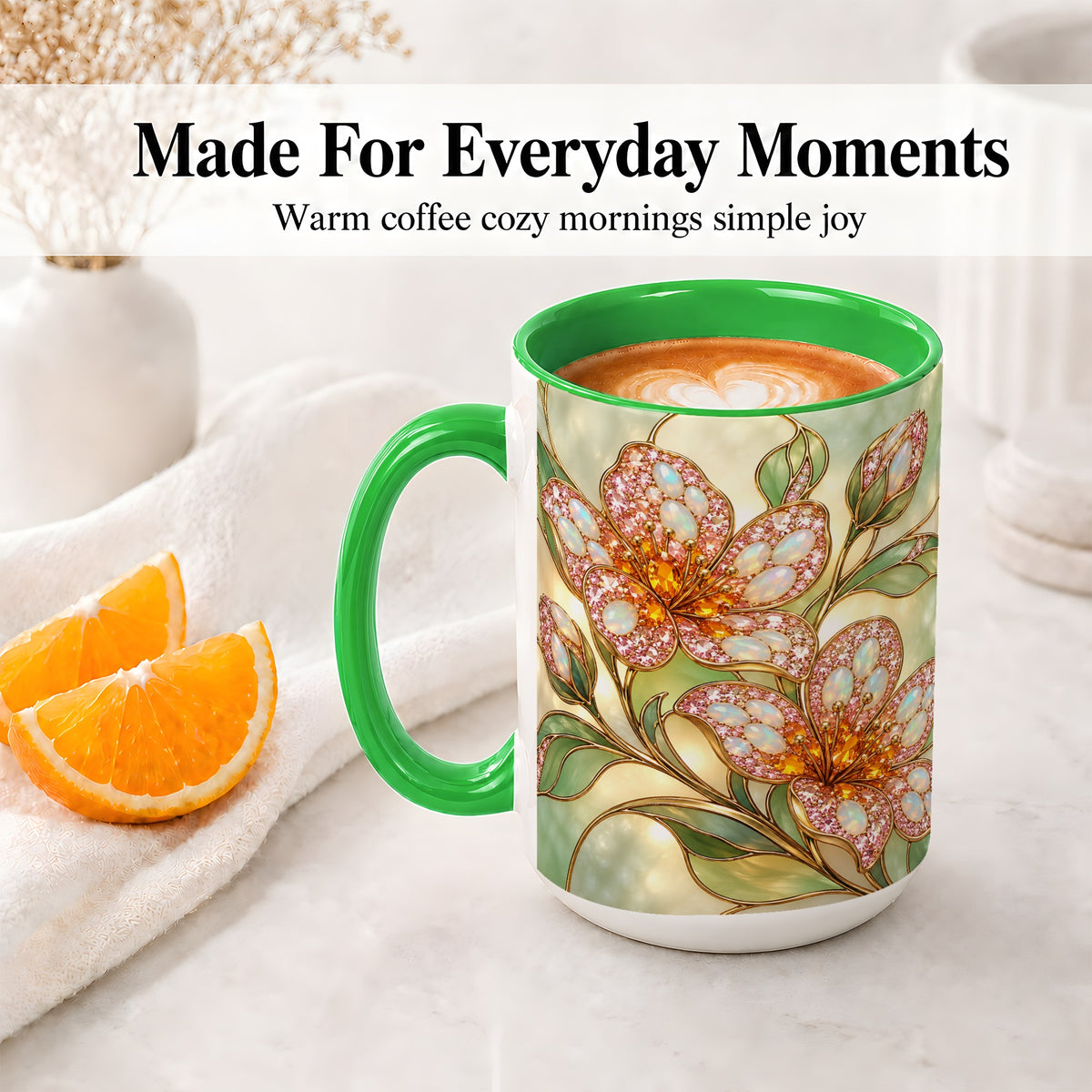 #pl[15oz|Green] Jewel Style Floral Ceramic Mug, Mug with Pink Blossom Branch Artwork