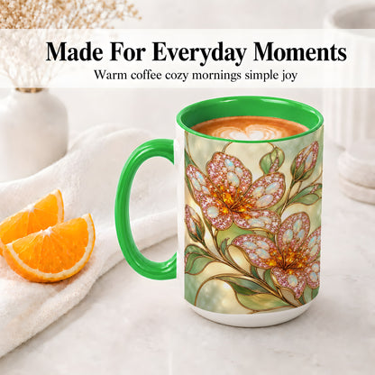 #pl[15oz|Green] Jewel Style Floral Ceramic Mug, Mug with Pink Blossom Branch Artwork
