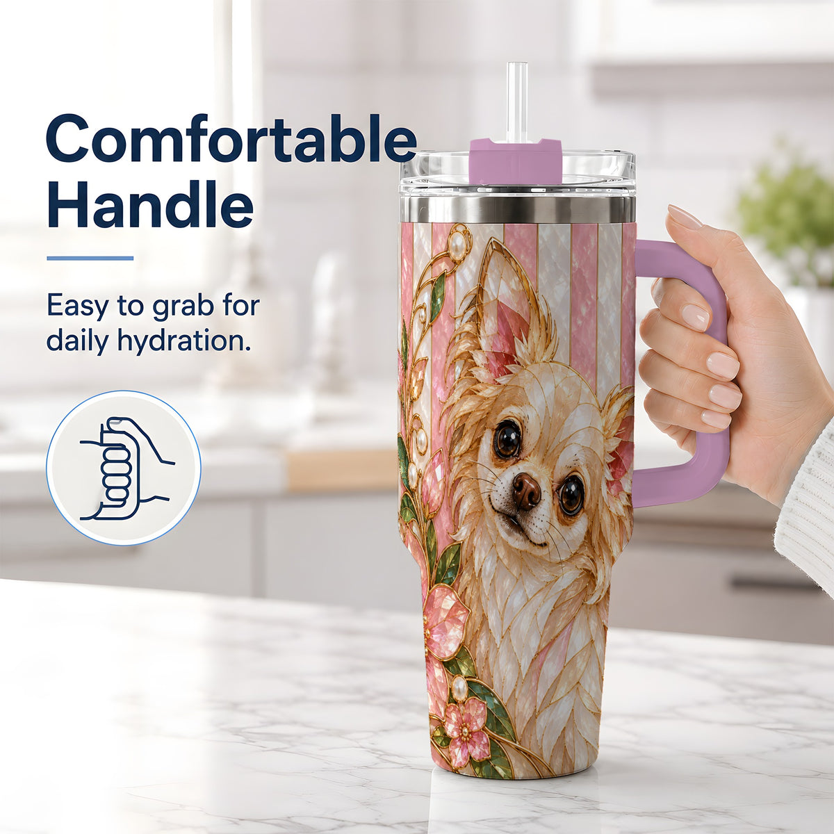 #pl[40oz|Pink] Chihuahua Floral 40oz Tumbler, Stained Glass Style Dog Artwork
