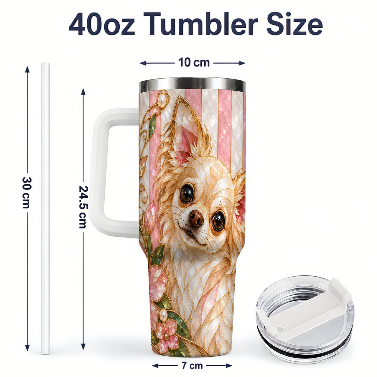 #pl[40oz|White] Chihuahua Floral 40oz Tumbler, Stained Glass Style Dog Artwork
