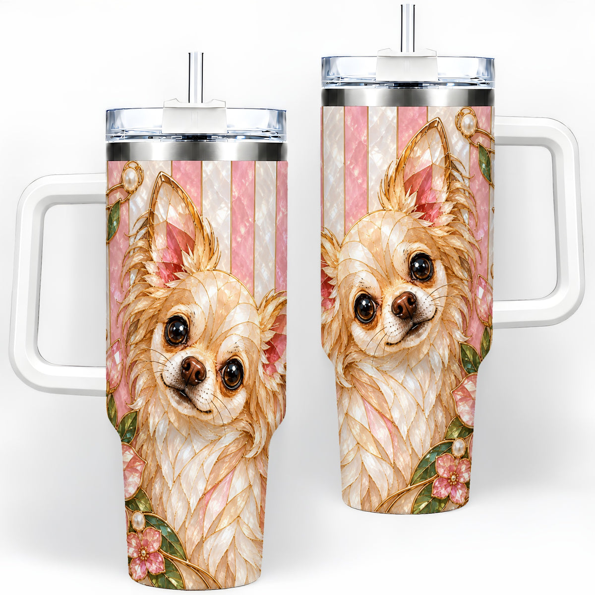 Chihuahua Floral 40oz Tumbler, Stained Glass Style Dog Artwork