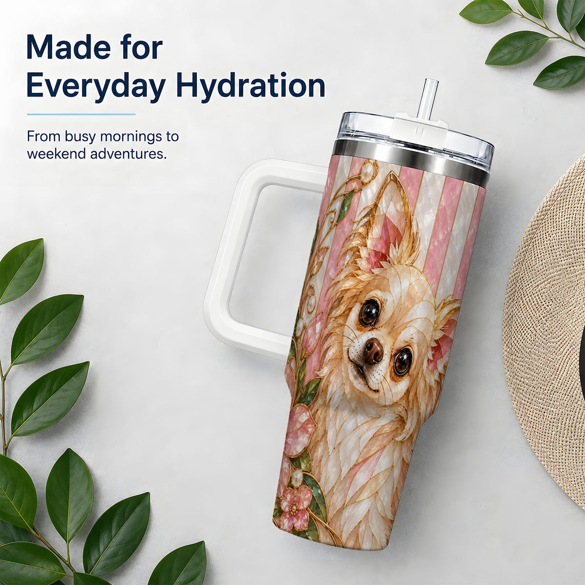 Chihuahua Floral 40oz Tumbler, Stained Glass Style Dog Artwork