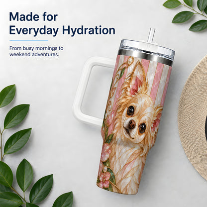 Chihuahua Floral 40oz Tumbler, Stained Glass Style Dog Artwork