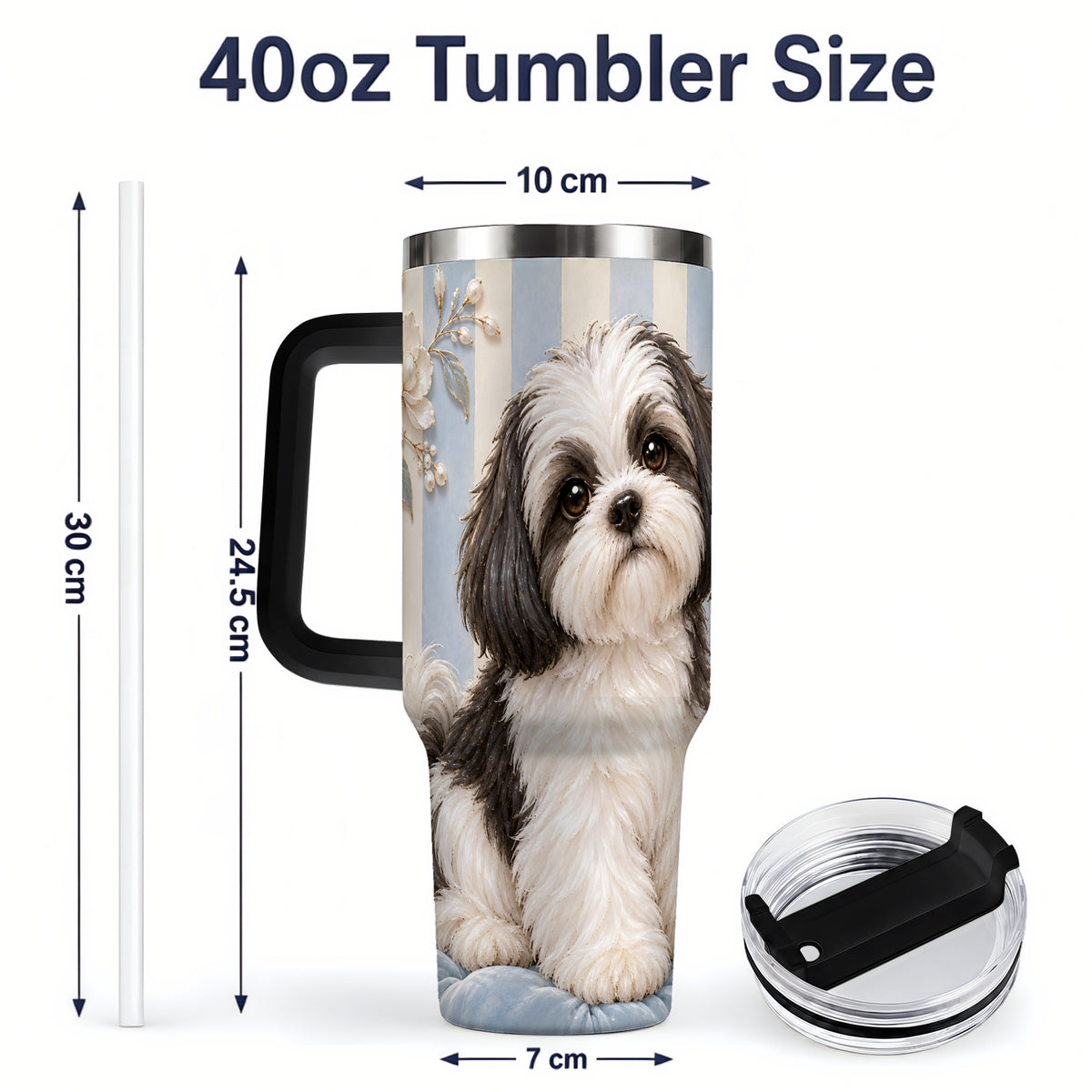 #pl[40oz|Black] Black White Shih Tzu 40oz Tumbler, Blue Floral Stripe Design