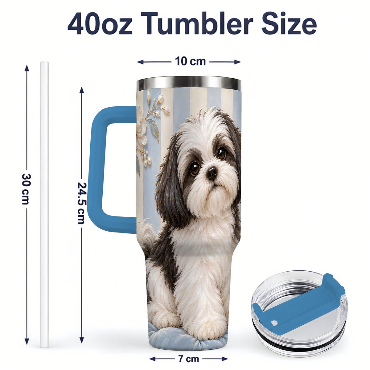 #pl[40oz|Blue] Black White Shih Tzu 40oz Tumbler, Blue Floral Stripe Design