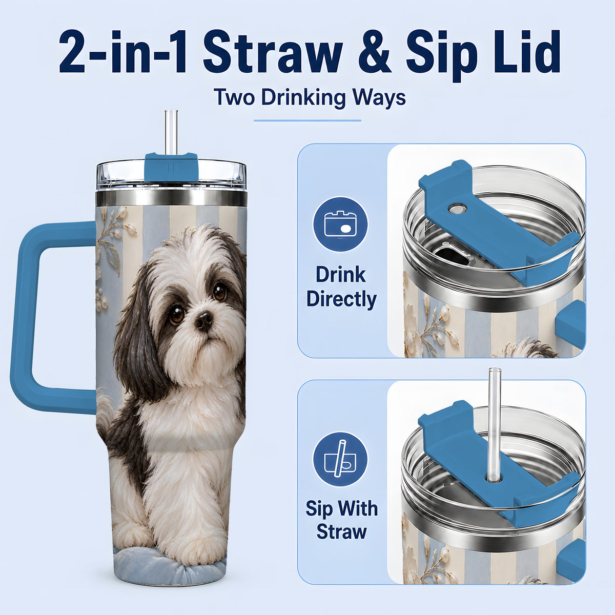 #pl[40oz|Blue] Black White Shih Tzu 40oz Tumbler, Blue Floral Stripe Design