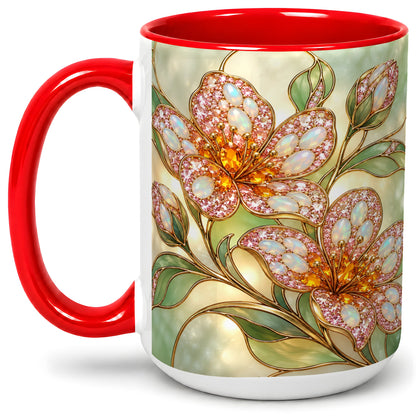 #pl[15oz|Red] Jewel Style Floral Ceramic Mug, Mug with Pink Blossom Branch Artwork
